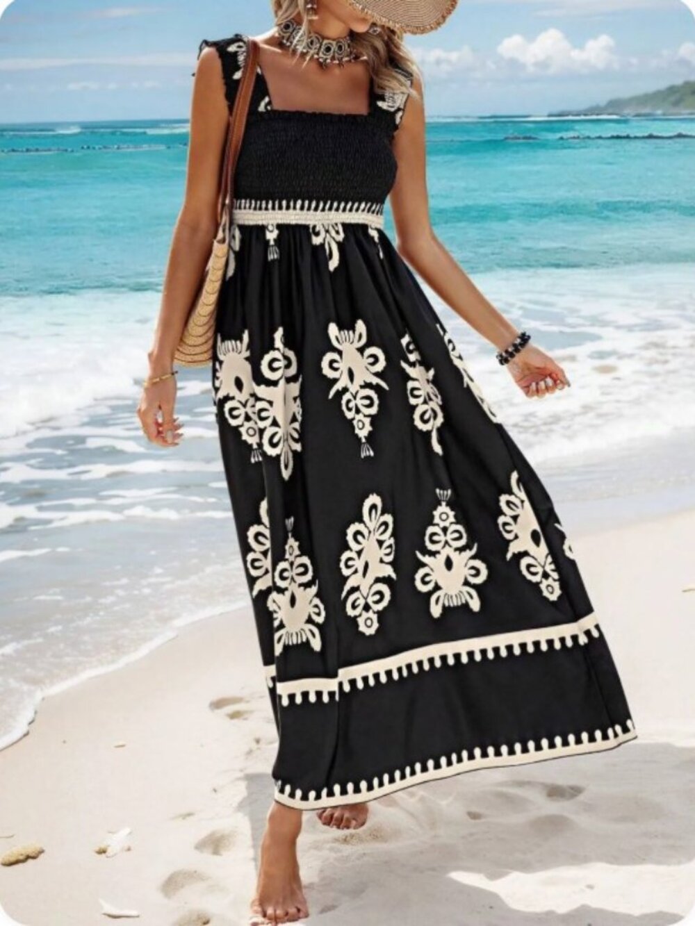 Bohemian Black & Cream Maxi Dress with Smocked Bodice